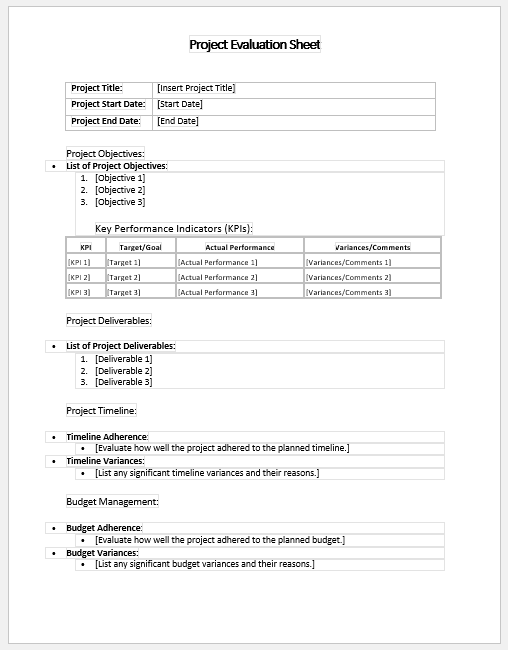 Project Evaluation Sheet Template