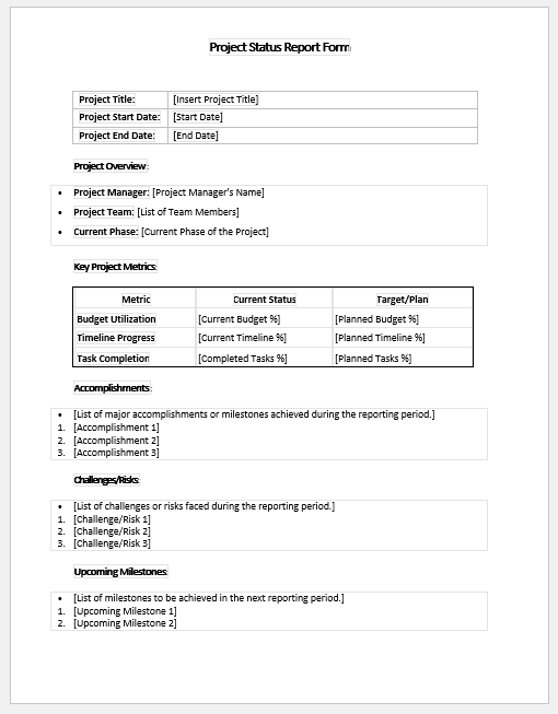 Project Status Report Form