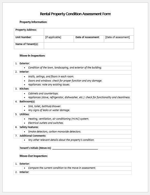 Rental Property Condition Assessment Form