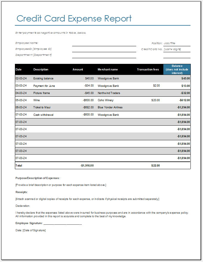 Credit Card Expense Report Template