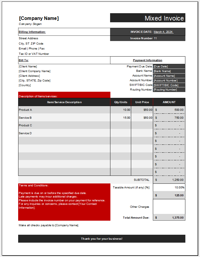 Mixed invoice Template