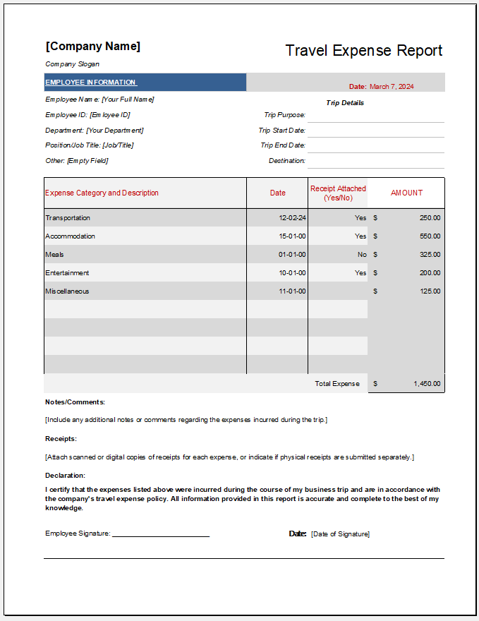 Travel Expense Report Template