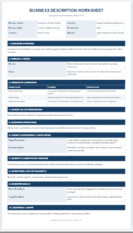 Business Description Worksheet Template