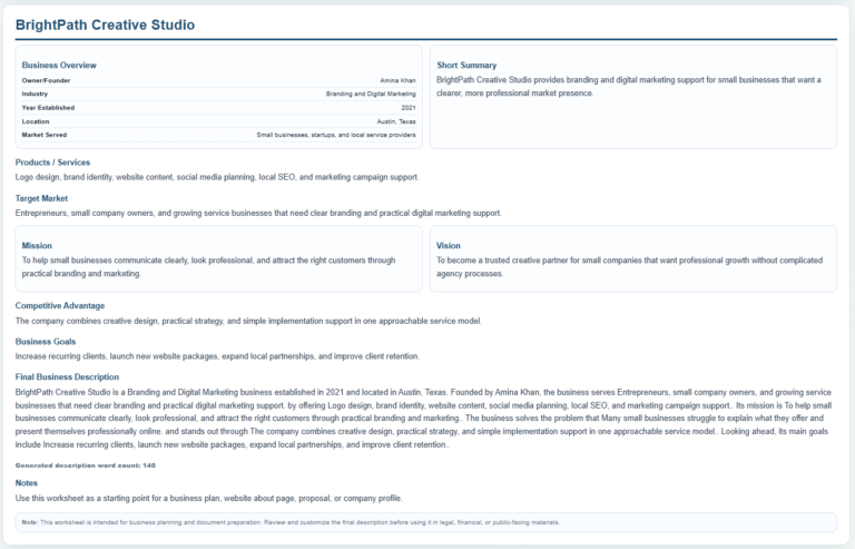 Business Description Worksheet Template