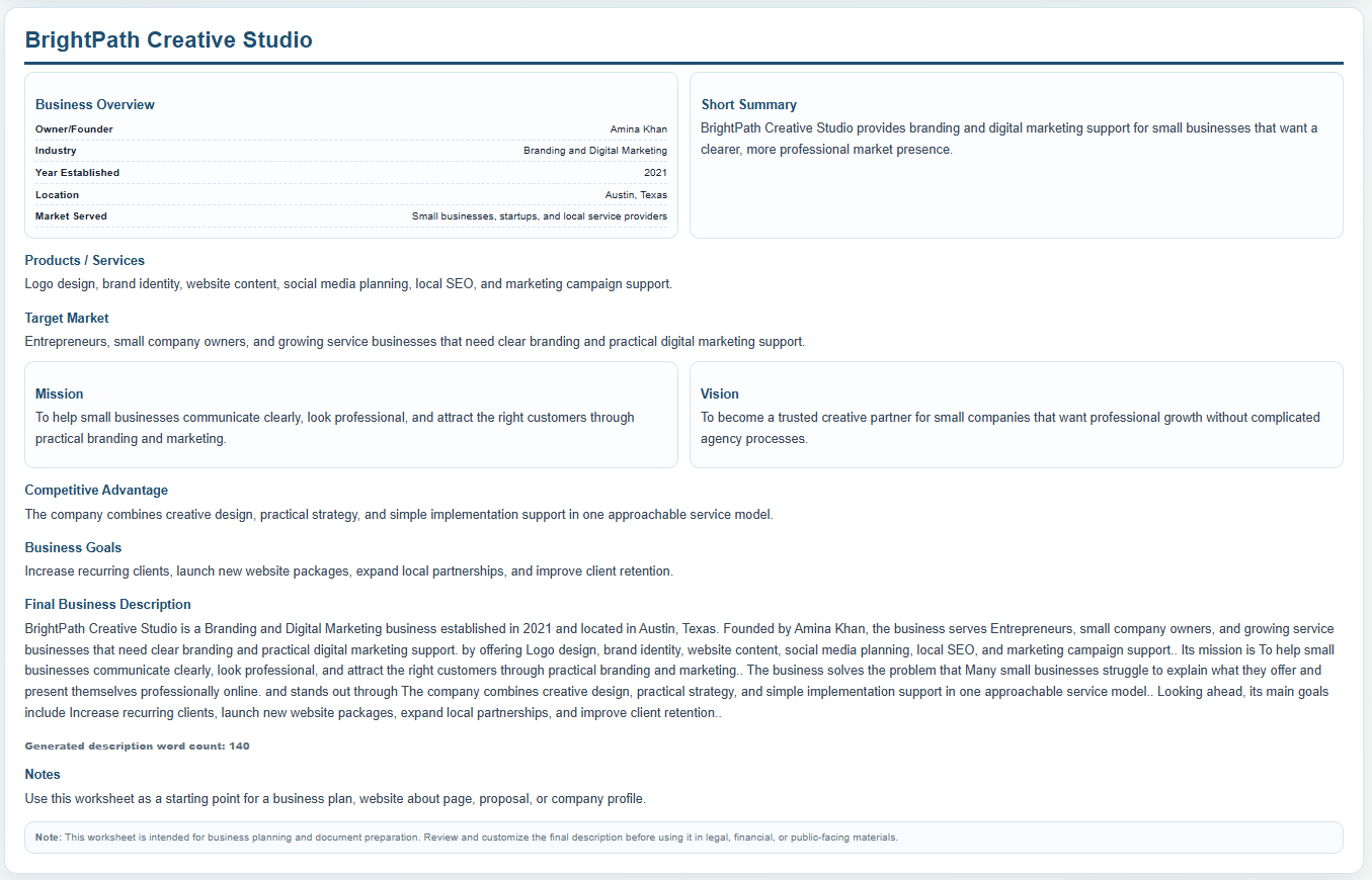 Business Description Worksheet Template