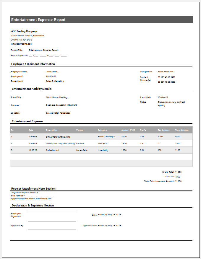 Entertainment Expense Report Template