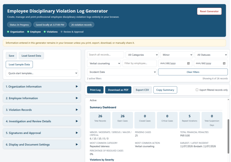 Employee Disciplinary Violation Log Generator