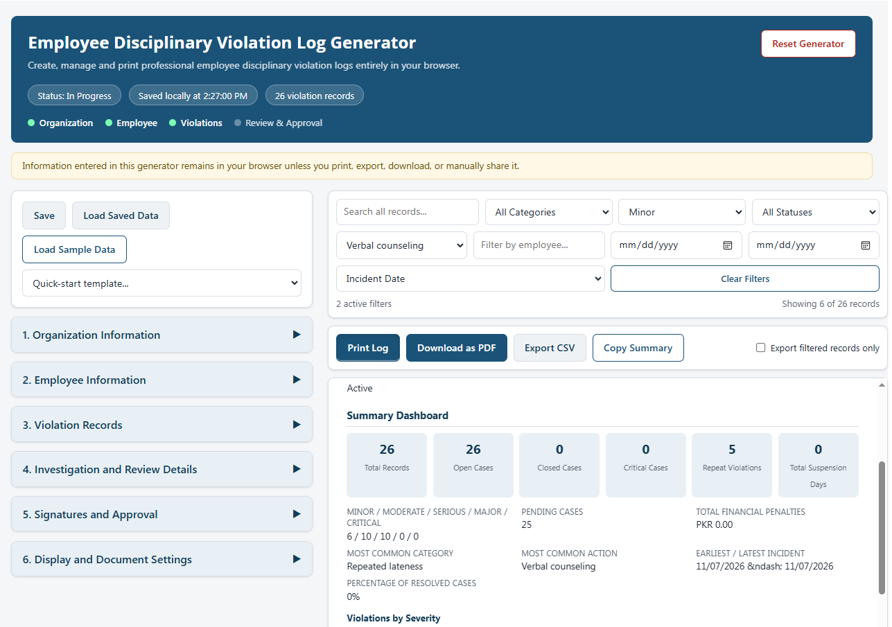 Employee Disciplinary Violation Log Generator
