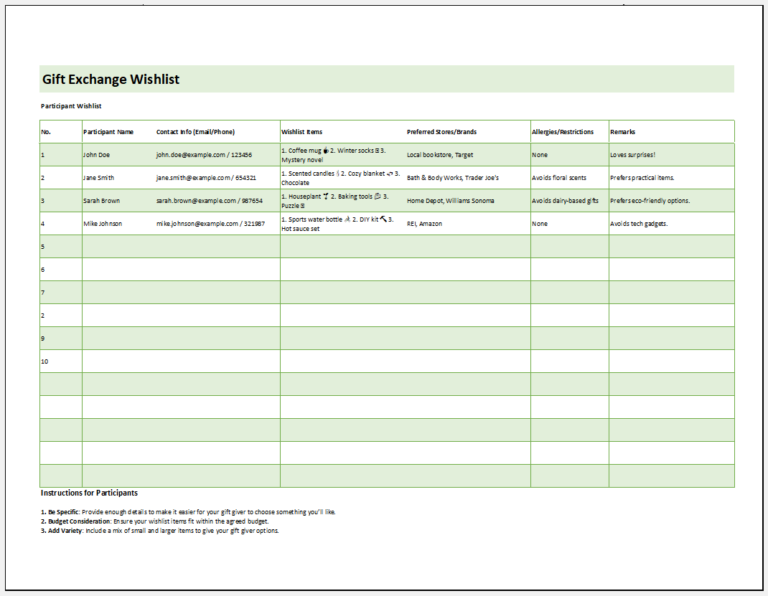 Gift Exchange Wish list Template