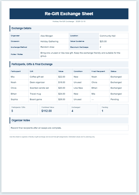 Re-Gift Exchange Sheet Template