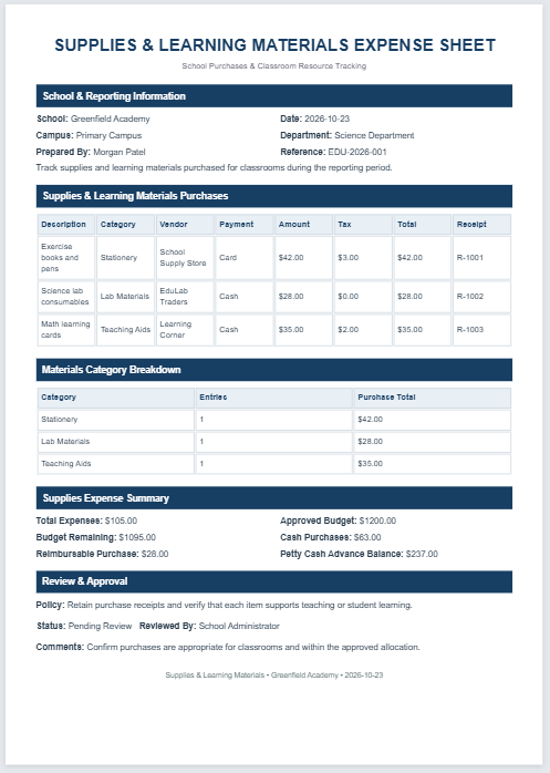 Expense Sheet for Supplies and Learning Material