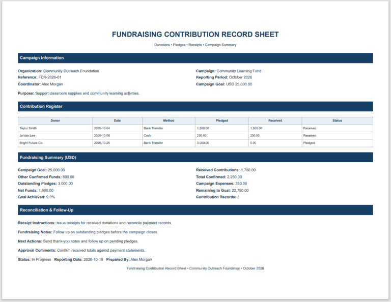 Fundraising Contribution Record Sheet