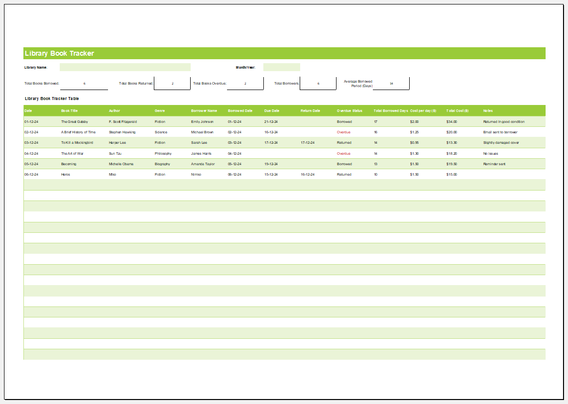 Library Book Tracker Template for Excel