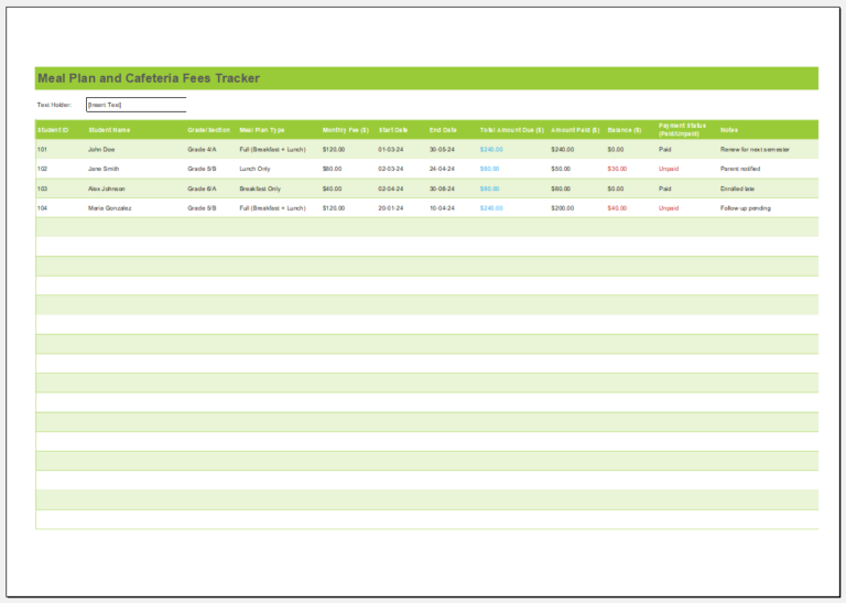 Meal Plan and Cafeteria Fees Tracker Template