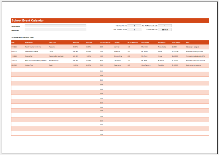 School Event Calendar Template for Excel