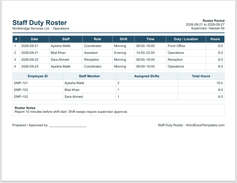 Staff Duty Roster Template