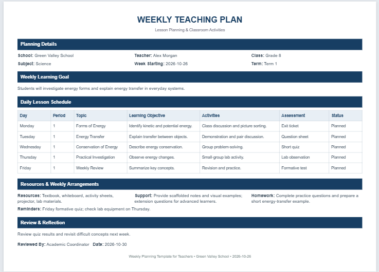 Weekly Planning Template for Teachers