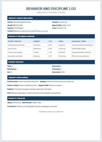 Behavior and Discipline Log Template