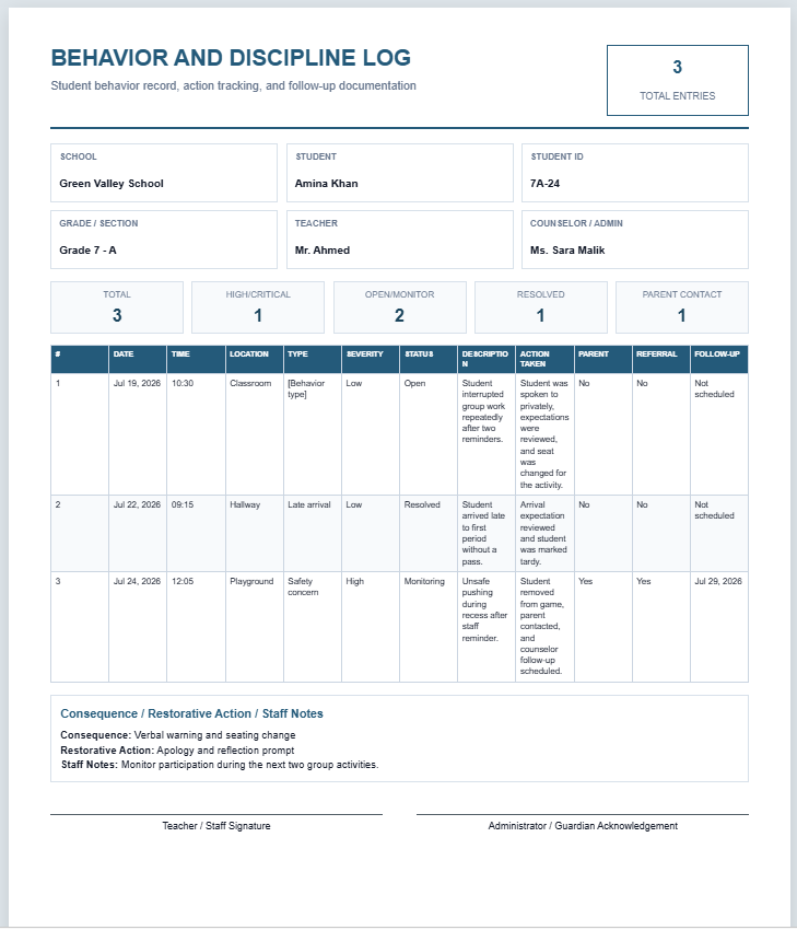 Behavior and Discipline Log Template