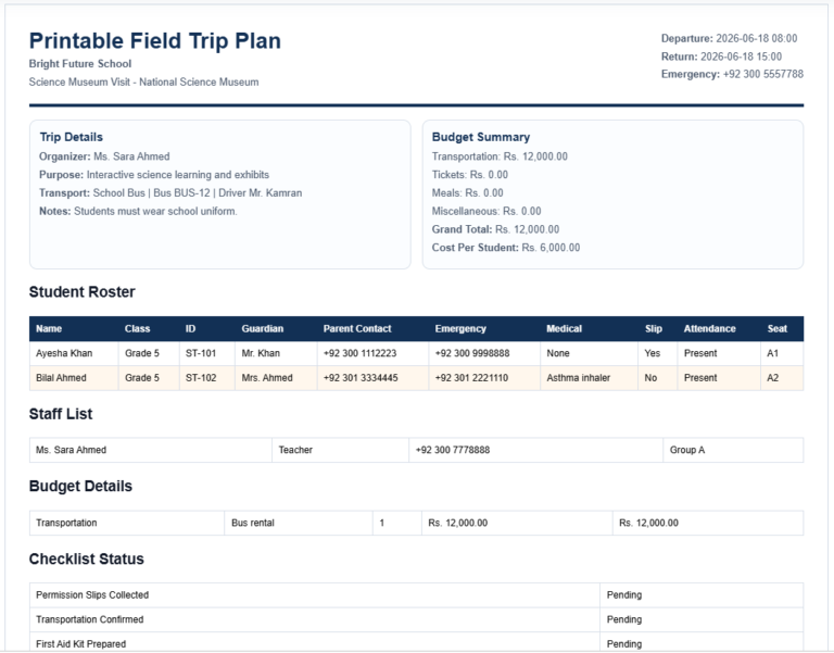 Field Trip Planner and Roster Template
