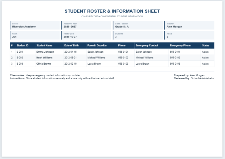 Student Roster and Information Sheet