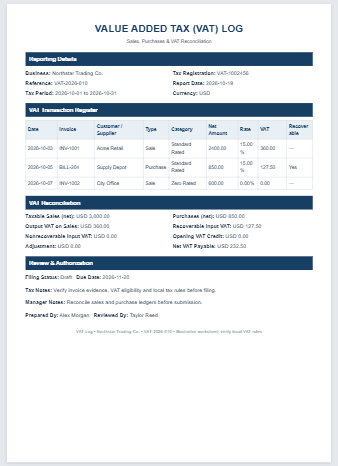 Value Added Tax Log Template