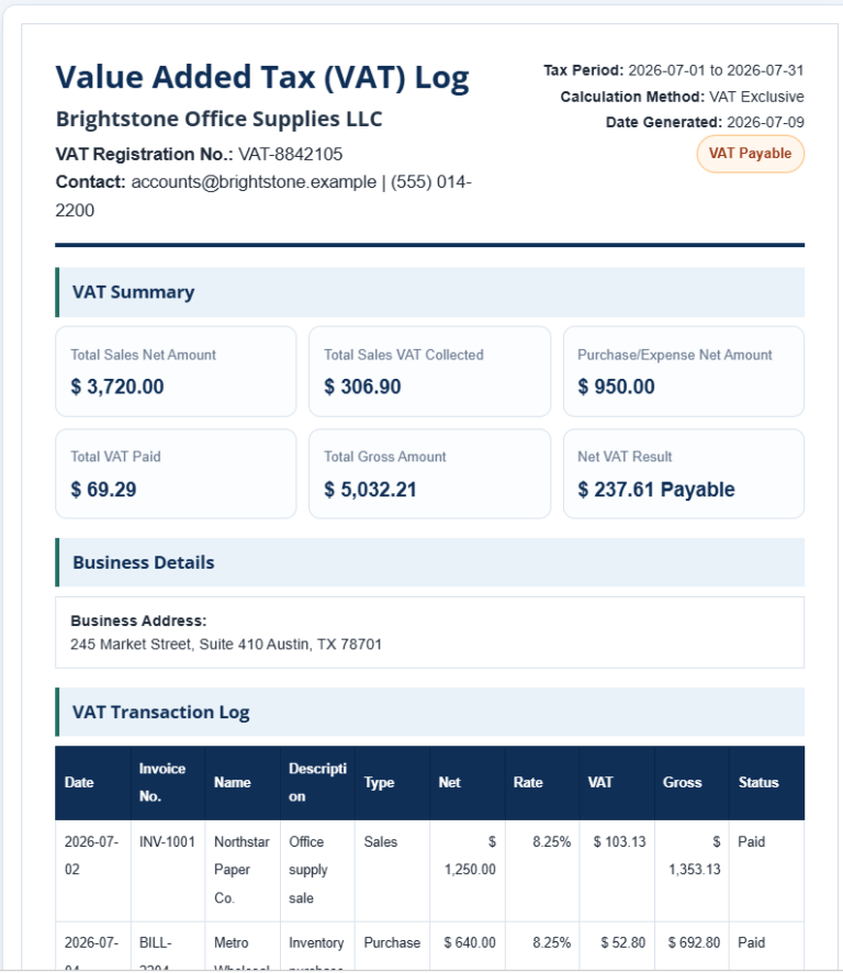 Value Added Tax Log Template