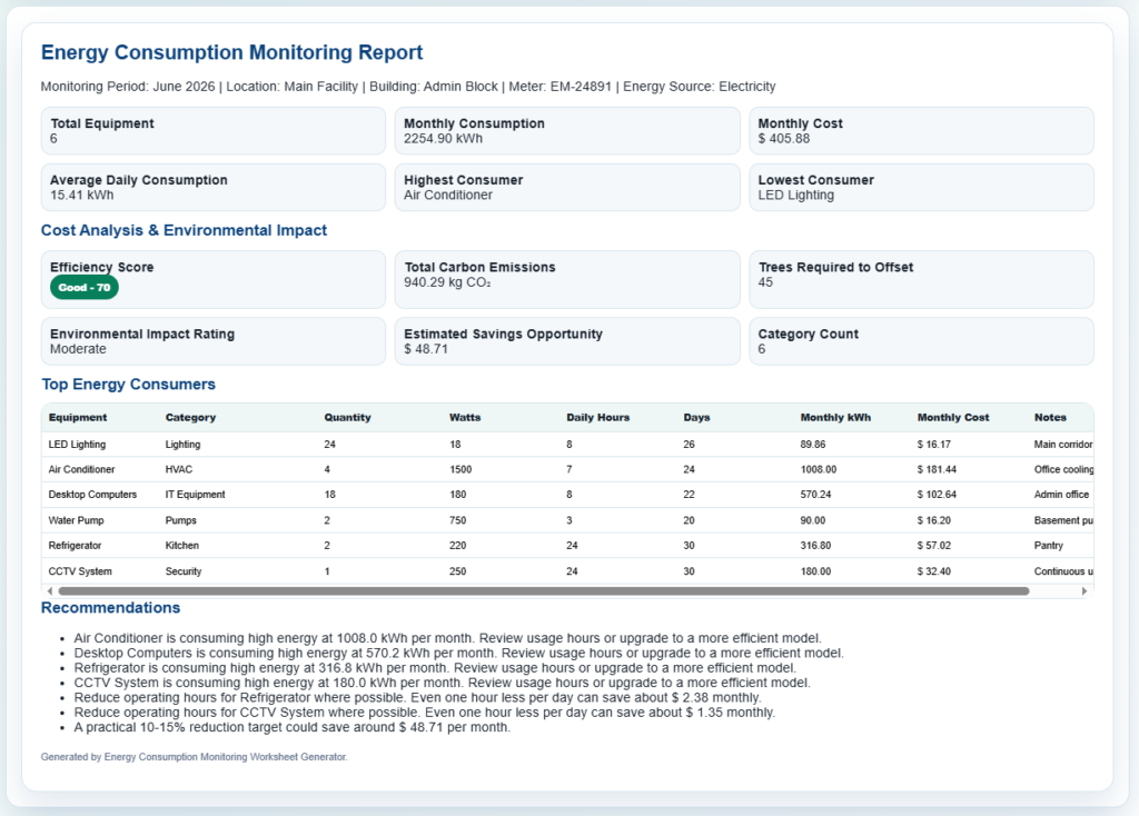 Energy Consumption Monitoring Worksheet