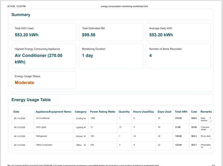 Energy Consumption Monitoring Worksheet Generator