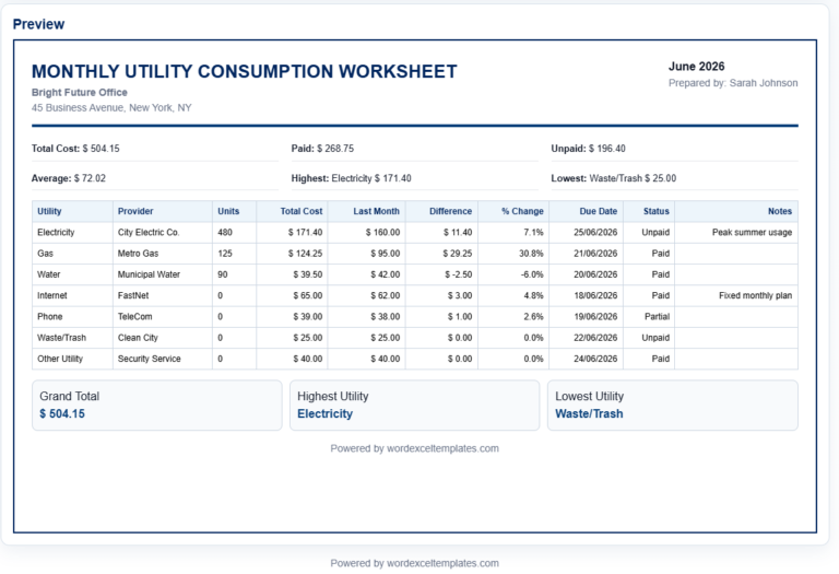 Monthly utility consumption worksheet