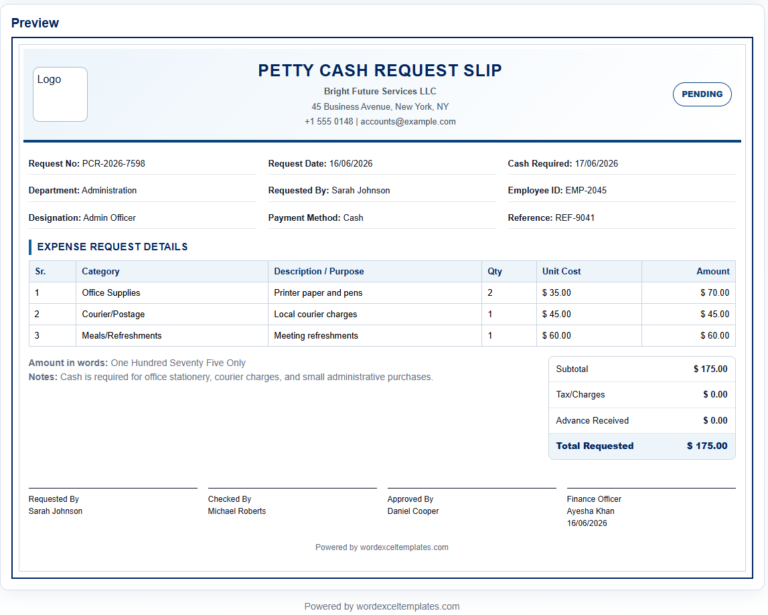 Petty Cash Request Slip