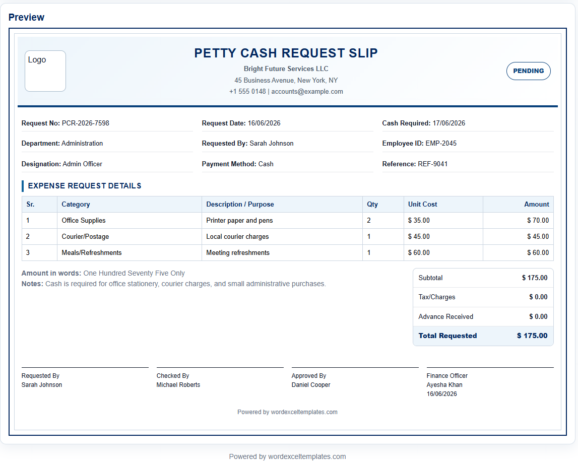 Petty Cash Request Slip