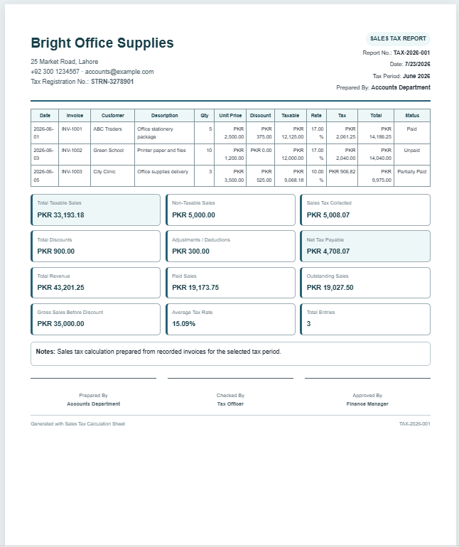 Sales Tax Calculation Sheet Template