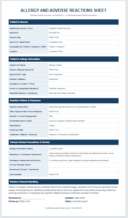Allergy and Adverse Reactions Sheet