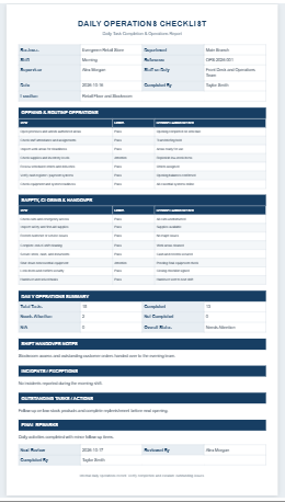 Daily Operations Checklist Template