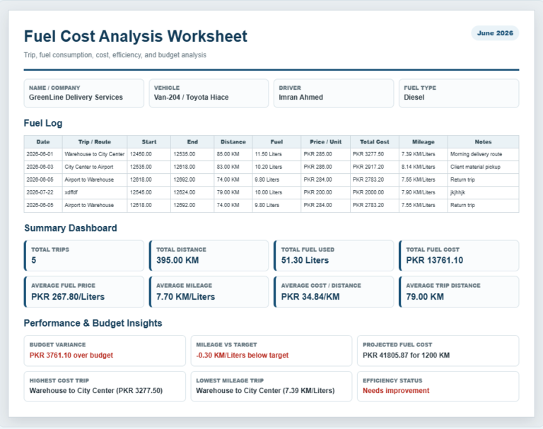 Fuel Cost Analysis Worksheet