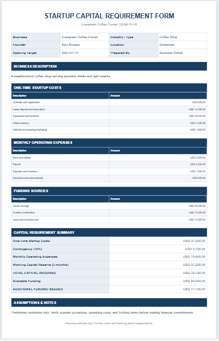 Startup Capital Requirement Form
