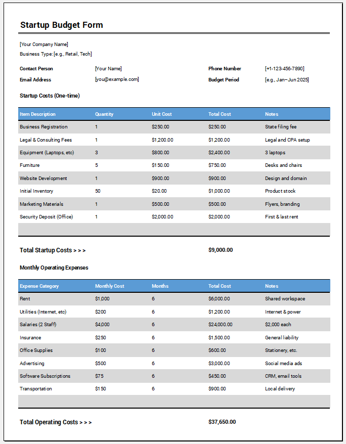 Startup Budget Form Template for Excel