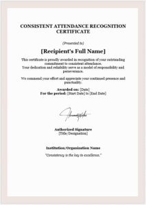Consistent Attendance Recognition Certificate