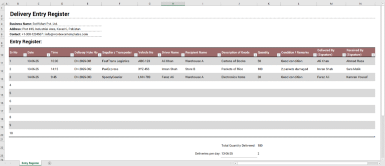Delivery Entry Register Template for Excel