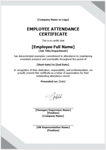 Employee Attendance Certificate