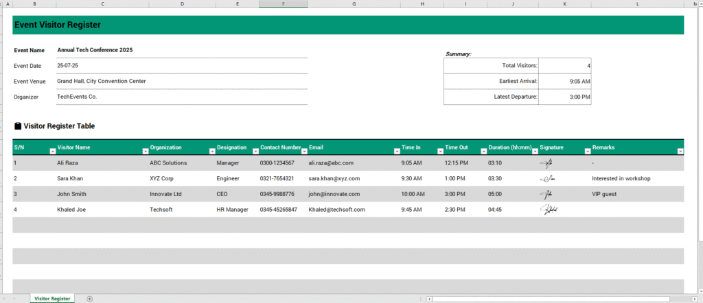 Event Visitor Register Template for Excel