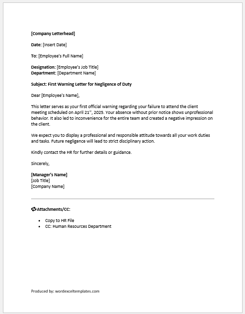 First Warning Letter for Negligence of Duty