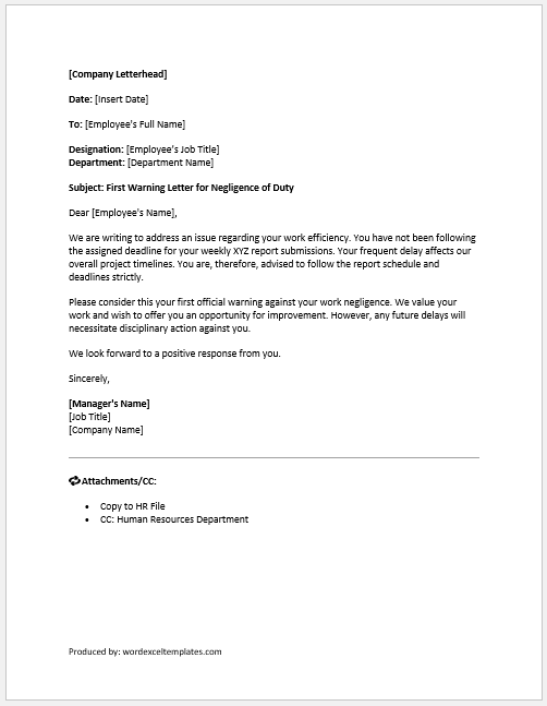 First Warning Letter for Negligence of Duty