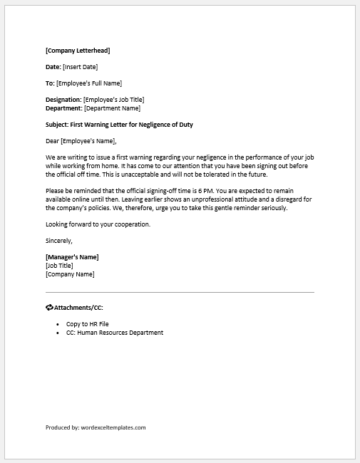 First Warning Letter for Negligence of Duty