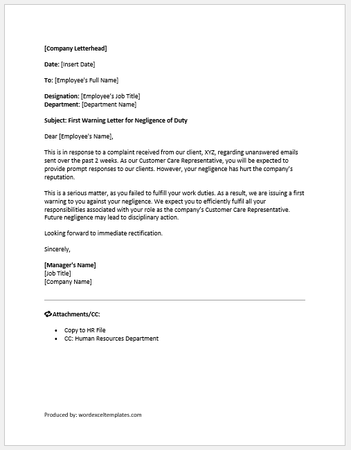 First Warning Letter for Negligence of Duty | Copy/Save