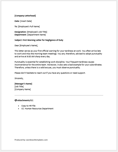 First Warning Letter for Negligence of Duty