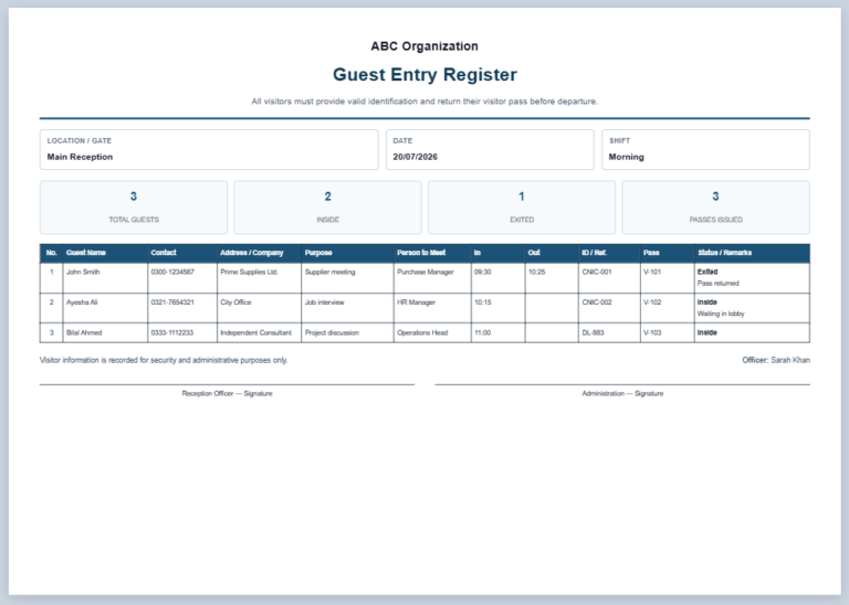 Guest Entry Register Template
