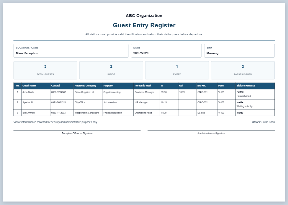 Guest Entry Register Template