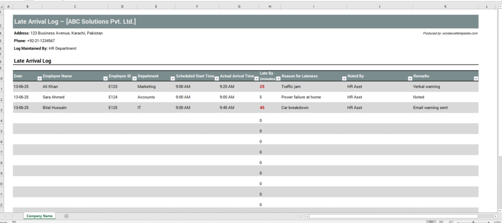 Late Arrival Log Template for Excel